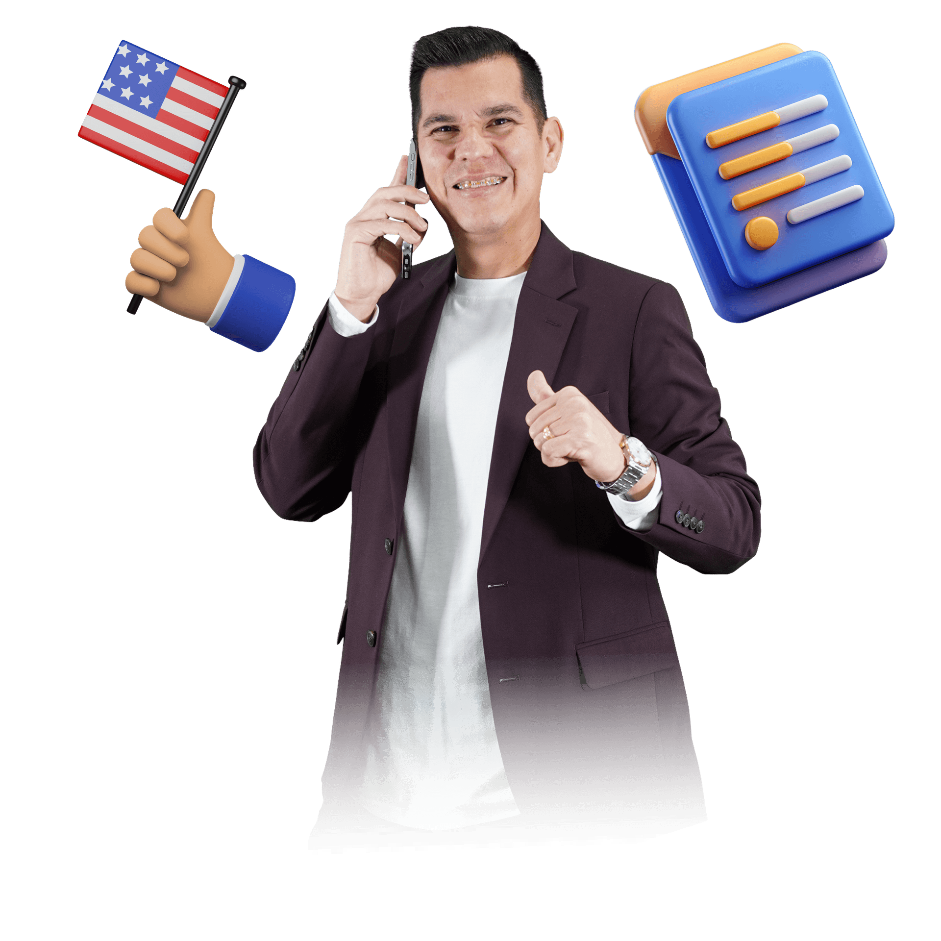 Juan con bandera de EE.UU. y formulario — Tu Agente de Inmigración